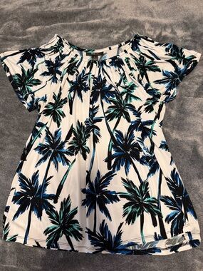 Style & Co. White Short-Sleeve Palm-Print Tunic with Blue and Green Palms